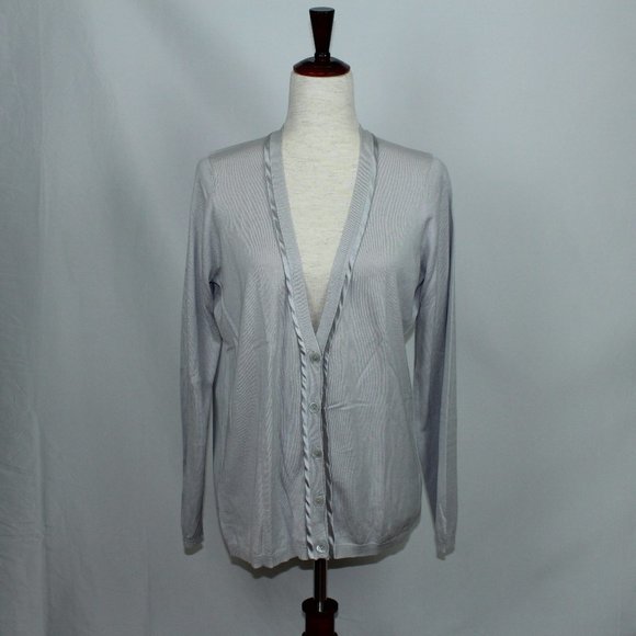 NWOT Ann Taylor Light Gray Cardigan Sweater w/Satin - Picture 1 of 2